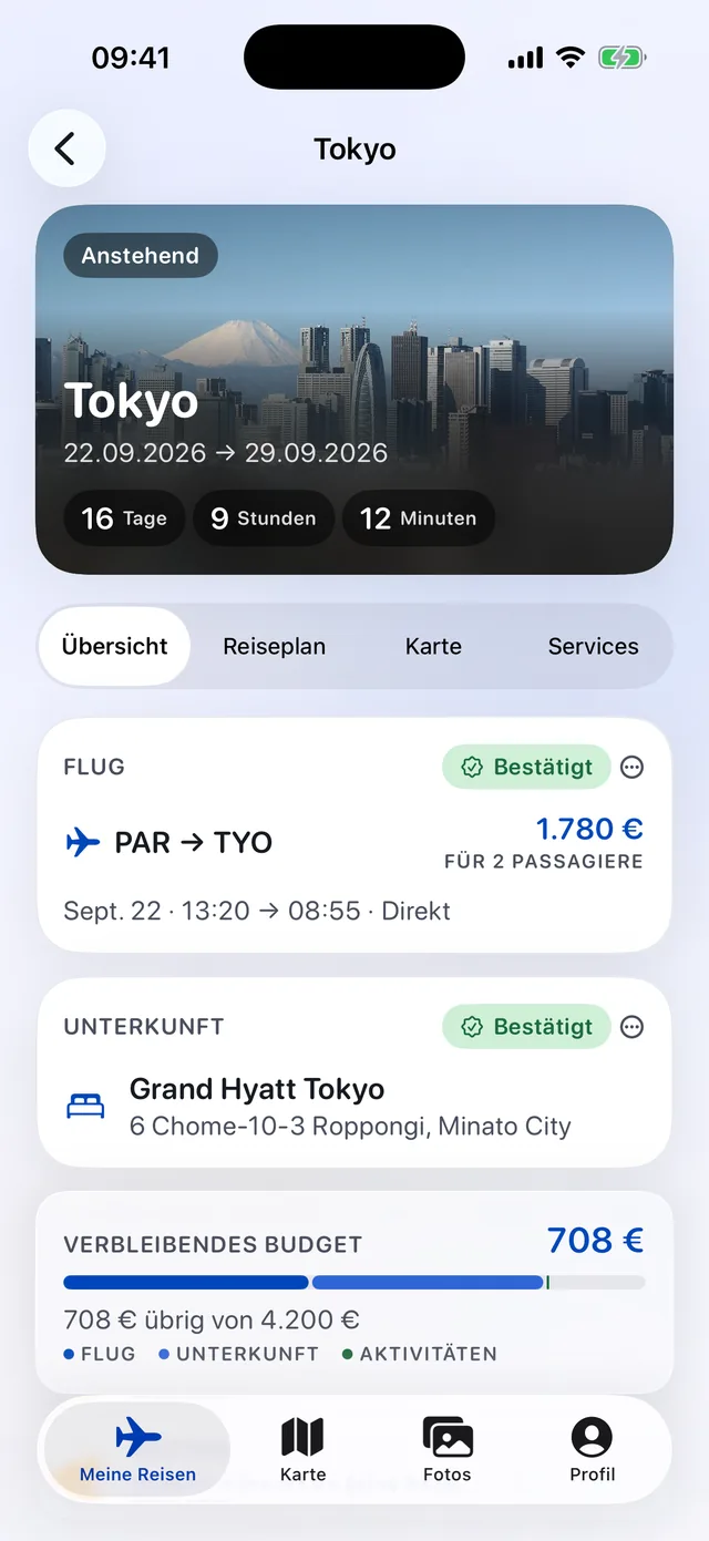 Das Plotrip-Dashboard auf dem iPhone: eine Tokio-Reise mit Countdown, Flug, Hotel und verbleibendem Budget.