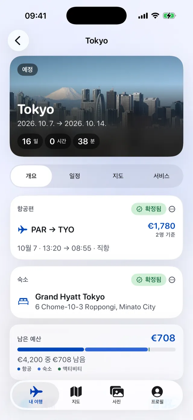 iPhone의 Plotrip 여행 대시보드: 도쿄 여행의 남은 기간과 항공편, 호텔, 남은 예산.